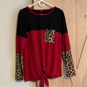 Black & Red Long-Sleeve Tie-Front Top with Leopard Accent